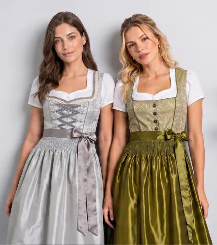 Traditional Bavarian Dirndl collection featuring elegant silver and olive green dresses for Oktoberfest.
