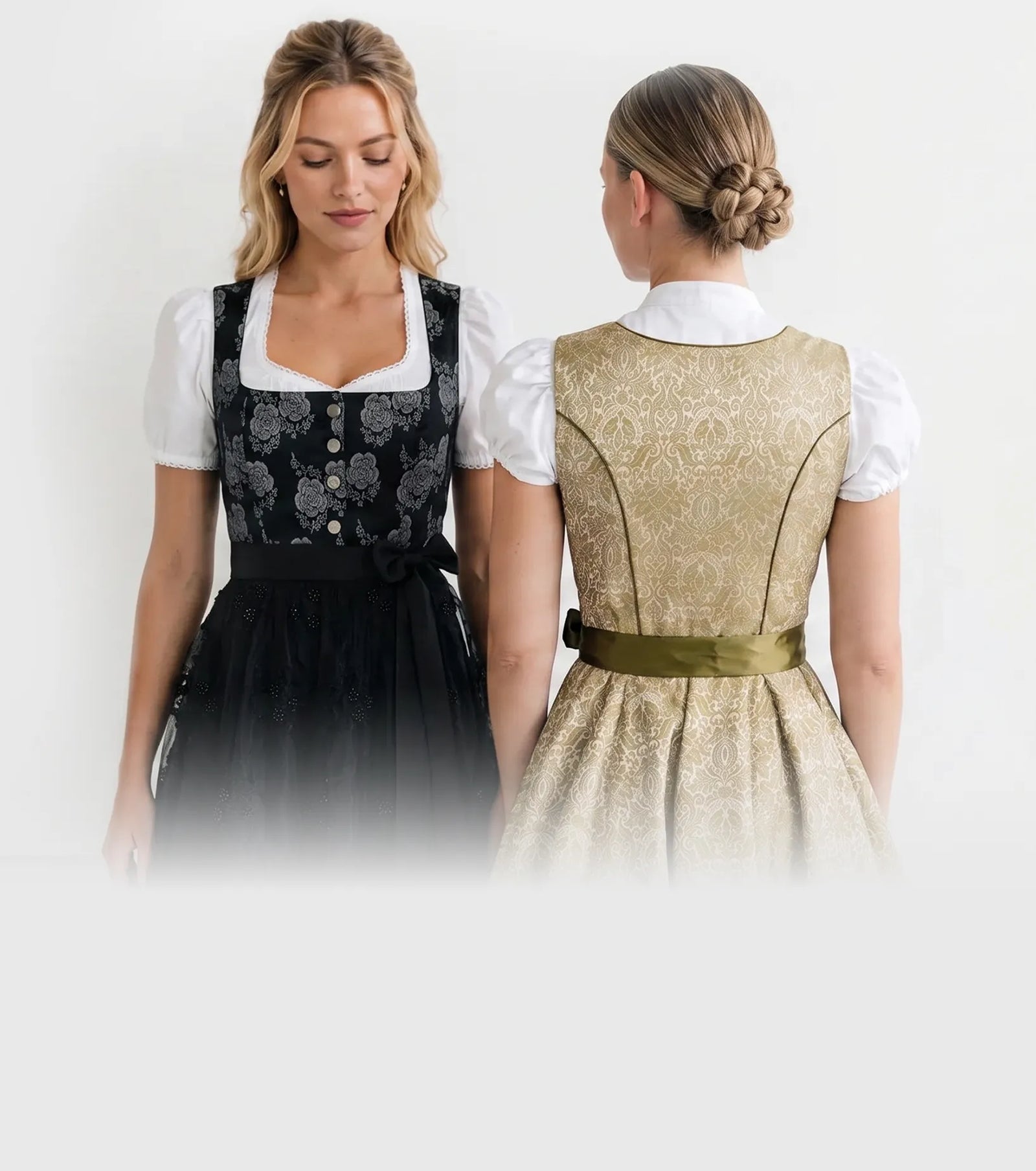 Women's traditional Dirndl dresses displayed from the front and back with authentic Bavarian styling.