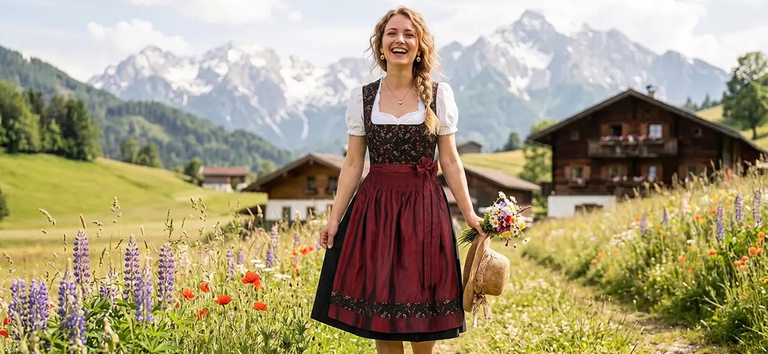 Vintage-inspired floral dirndl outfit in burgundy and black, worn by a woman in an Alpine meadow with traditional Bavarian mountain scenery and wildflowers.