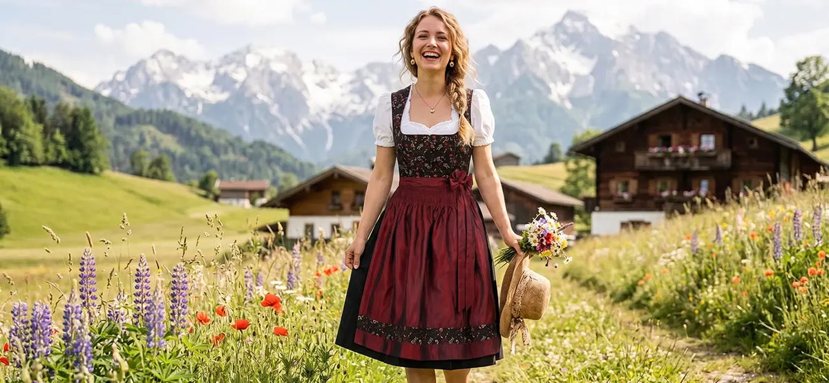 Vintage-inspired floral dirndl outfit in burgundy and black, worn by a woman in an Alpine meadow with traditional Bavarian mountain scenery and wildflowers.