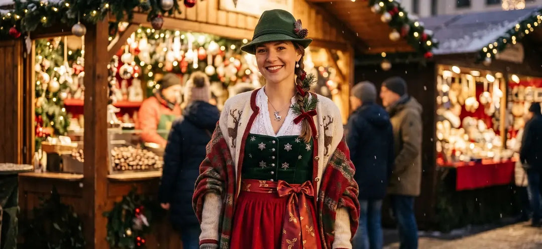 Traditional Bavarian dirndl styled for Christmas with festive red and green colors, cozy layers, and holiday accessories.