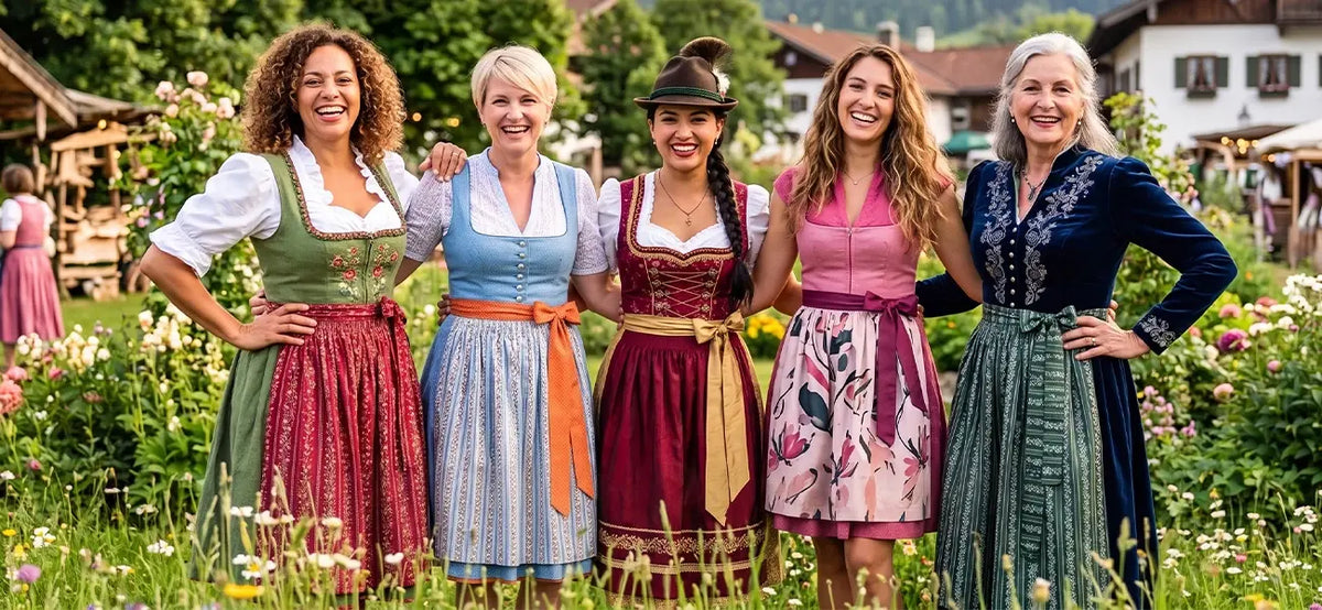 Group of women wearing varied Bavarian dirndl dresses in different colors and styles, highlighting regional variations of traditional German women’s clothing.