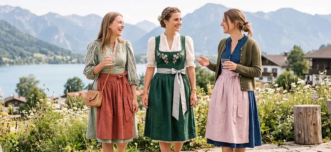 Modern Bavarian dirndl styles for Oktoberfest 2026, showcasing floral embroidery, colorful aprons, lace blouses, and contemporary layering in an Alpine setting.