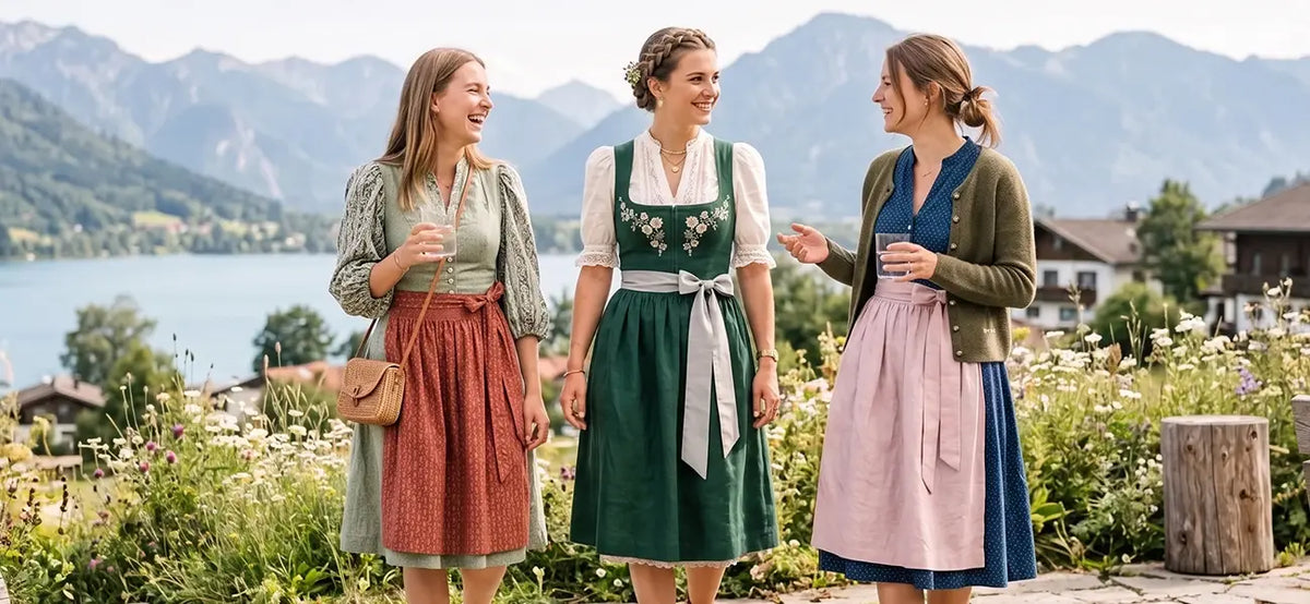 Modern Bavarian dirndl styles for Oktoberfest 2026, showcasing floral embroidery, colorful aprons, lace blouses, and contemporary layering in an Alpine setting.