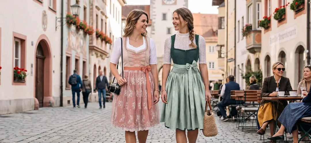Fashion-forward dirndls in pink and sage green, showcasing modern Bavarian clothing with contemporary colors, elegant details, and stylish accessories.