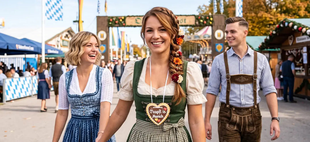 Stylish Oktoberfest group showcasing fresh German hairstyles, including a braided floral look, paired with traditional Bavarian dirndl and lederhosen outfits.