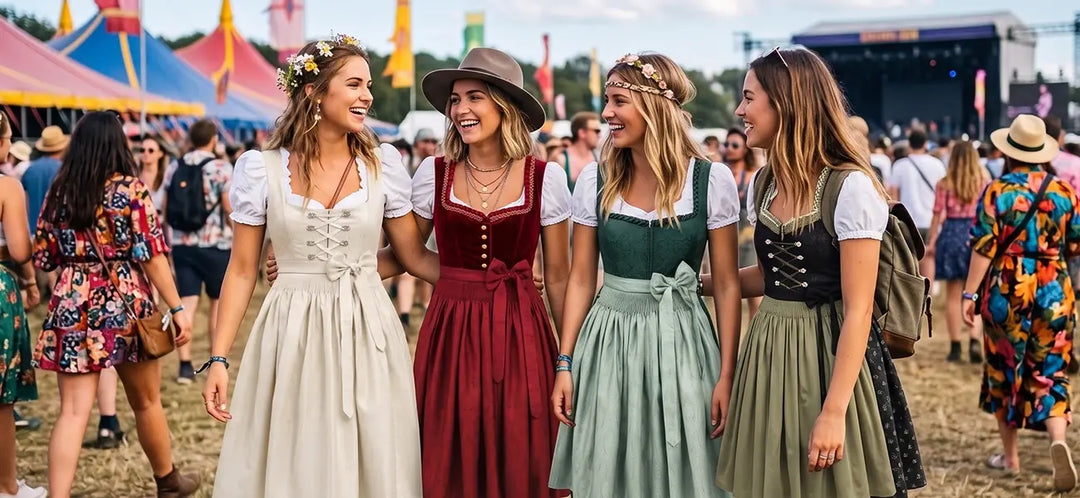 Women wearing colorful dirndl dresses at a lively festival, showcasing how Bavarian traditional fashion influences modern global festival outfits.