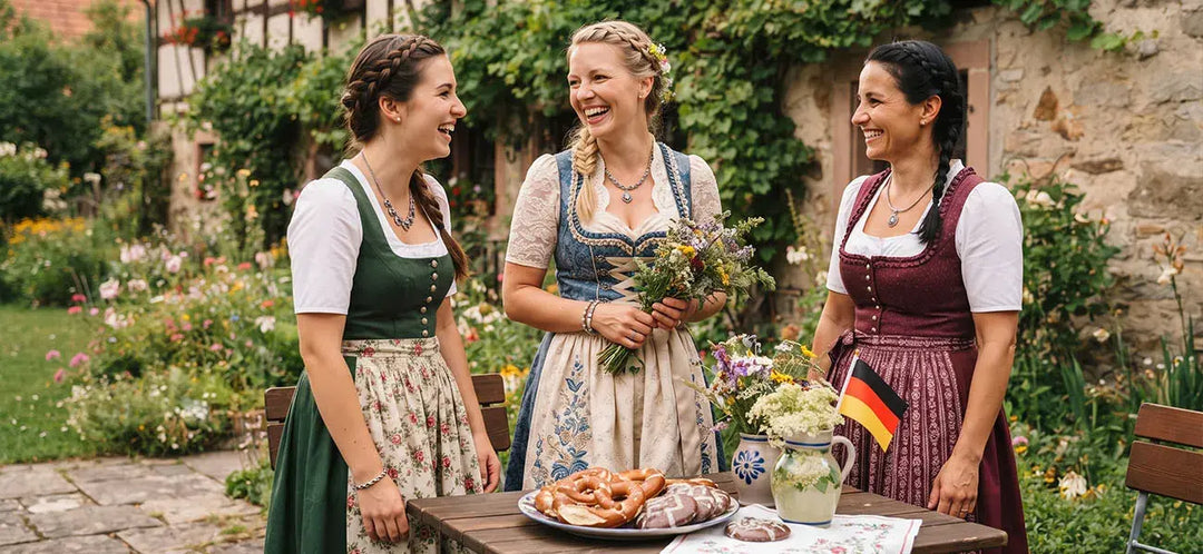 Three women wearing traditional Bavarian dirndls gather over pretzels and German pastries, celebrating German American heritage and cultural traditions in a garden setting.