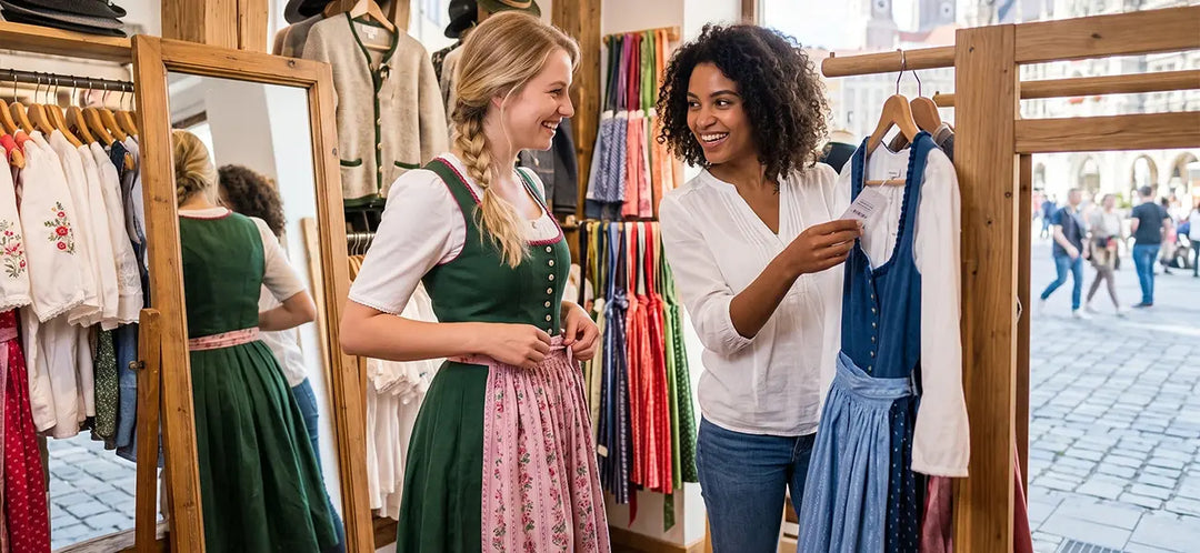 Women shopping for dirndls in a Munich traditional clothing store, comparing green and blue Bavarian dresses and aprons.