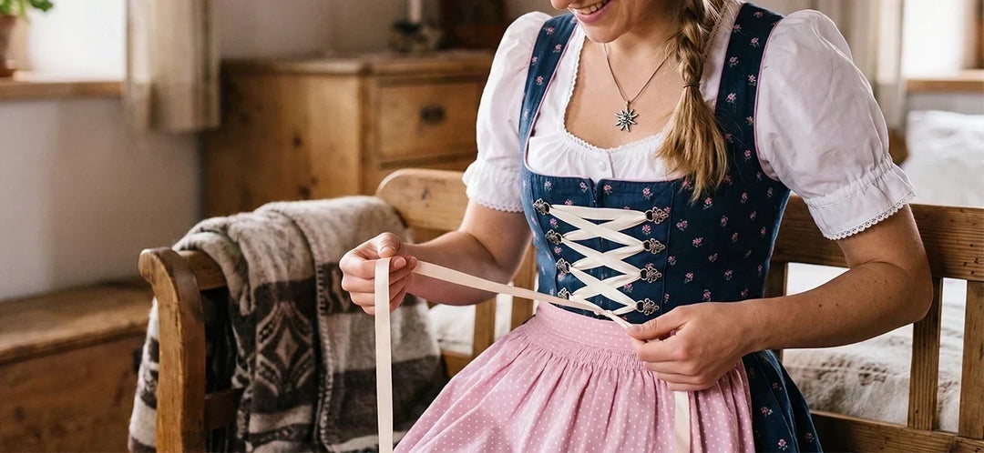 How to lace up a dirndl: woman threading a white ribbon through the corset-style bodice of a traditional Bavarian dress.
