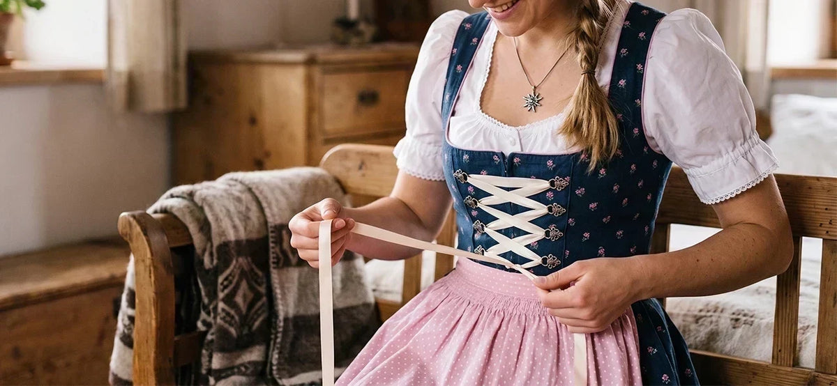 How to lace up a dirndl: woman threading a white ribbon through the corset-style bodice of a traditional Bavarian dress.