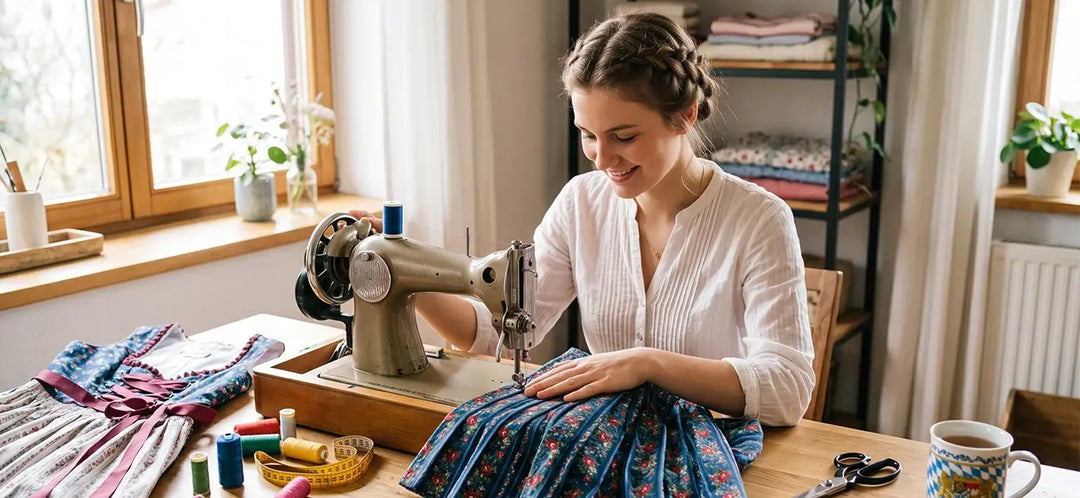 Woman sewing a traditional dirndl skirt with floral fabric, sewing machine, measuring tape, thread, and Bavarian dressmaking supplies in a home workshop.