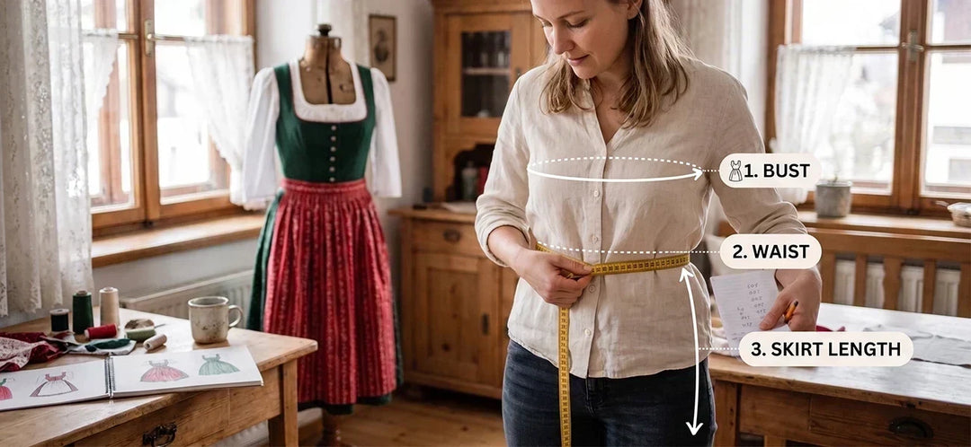 Dirndl size measurement guide showing how to measure bust, waist, and skirt length for a properly fitted traditional Bavarian dress.