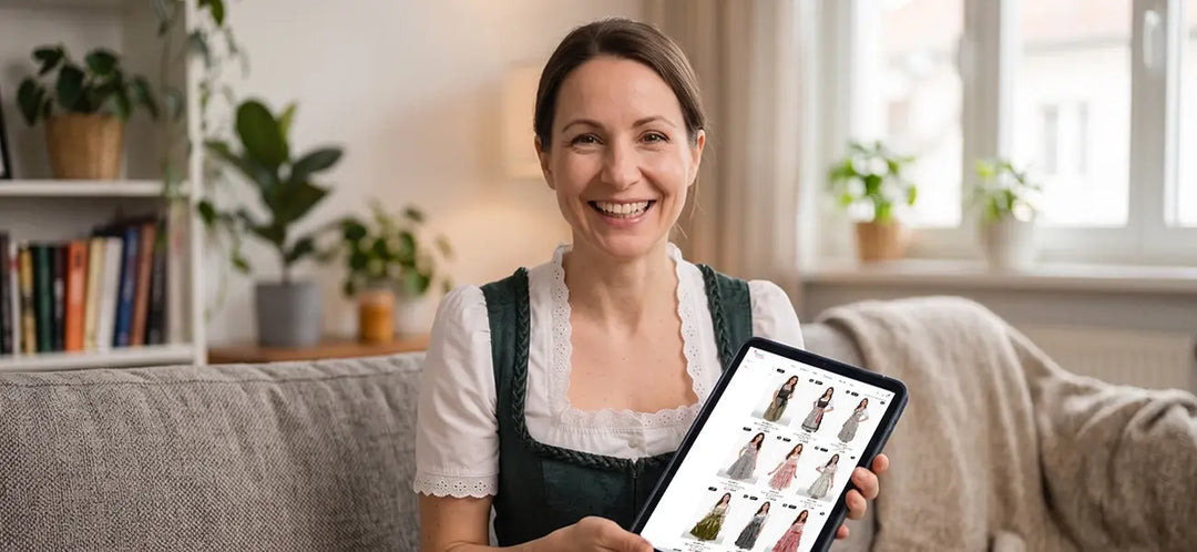 Woman choosing an Oktoberfest dirndl online, viewing a range of traditional and modern dirndl styles on a tablet.