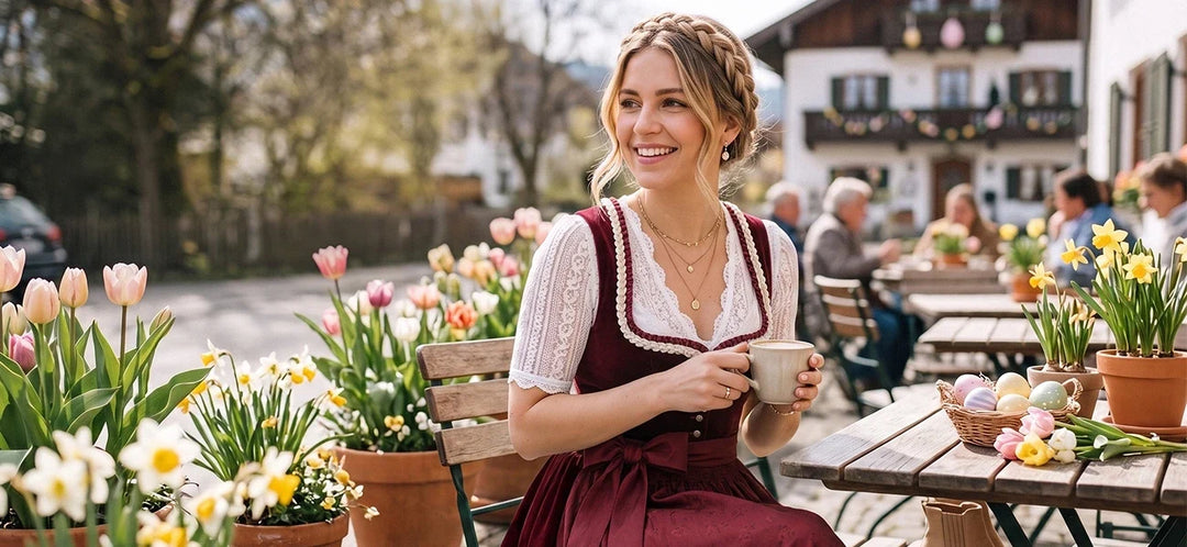 Woman wearing a burgundy dirndl enjoying Easter coffee outdoors, surrounded by spring flowers, daffodils, tulips, and colorful Easter eggs in a Bavarian setting.