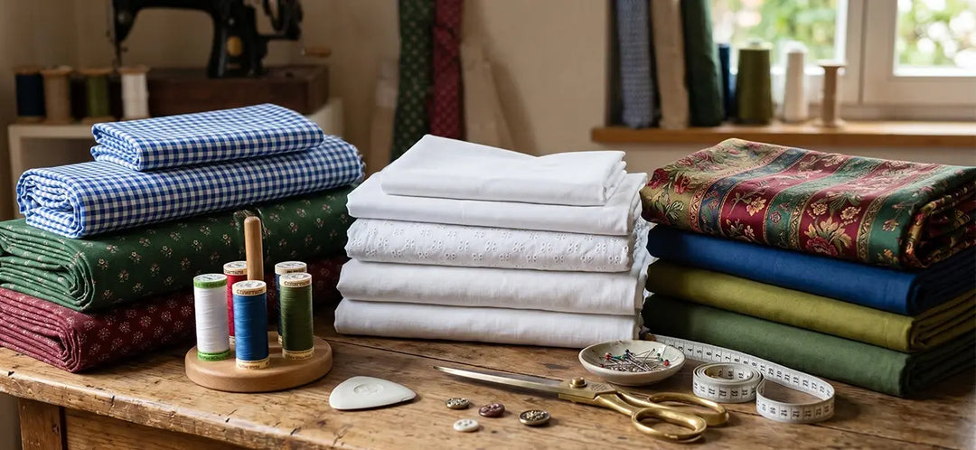 Dirndl fabric options displayed on a sewing table with colorful textiles and supplies for making traditional Bavarian dresses.