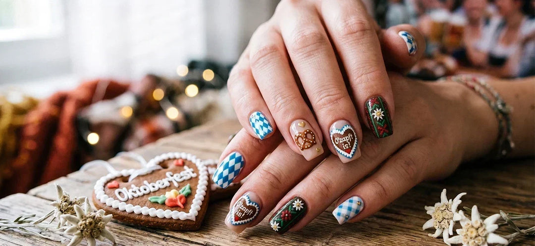 Creative Oktoberfest nail designs with blue and white Bavarian diamonds, pretzel accents, edelweiss flowers, and traditional German motifs.