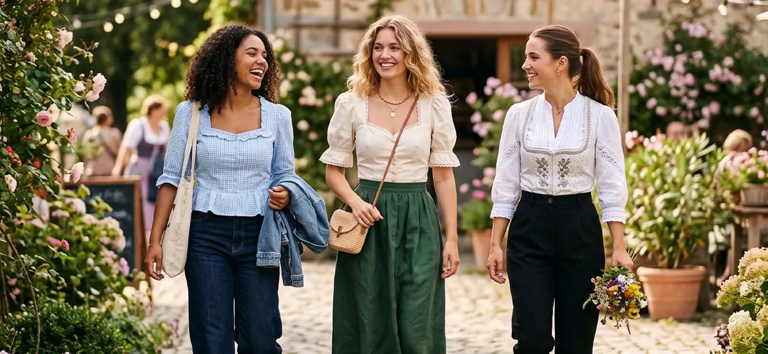 Women wearing modern outfits styled with traditional dirndl blouses, showcasing contemporary ways to rework Bavarian clothing with jeans, trousers, and skirts.