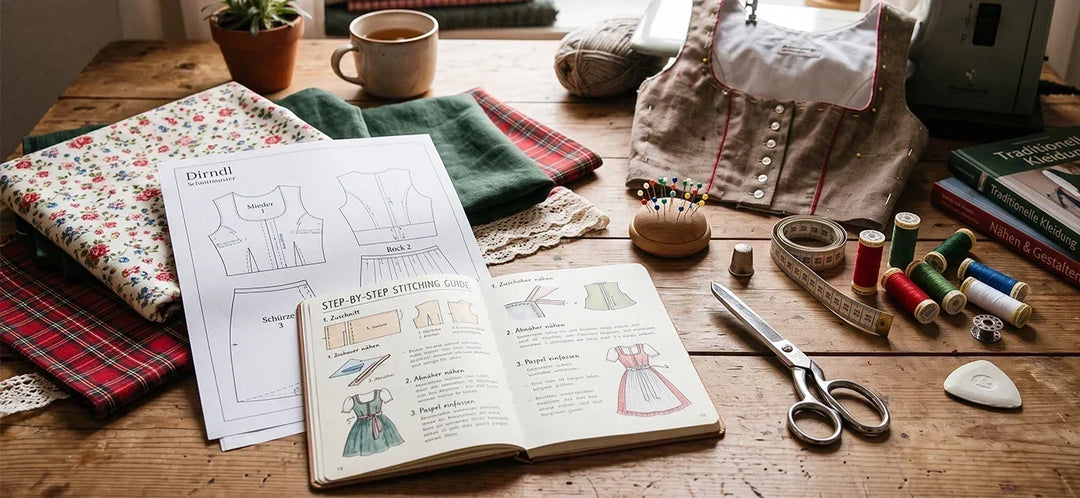 Step-by-step Dirndl sewing guide with traditional Bavarian dress patterns, fabric, sewing tools, thread, and illustrated stitching instructions.