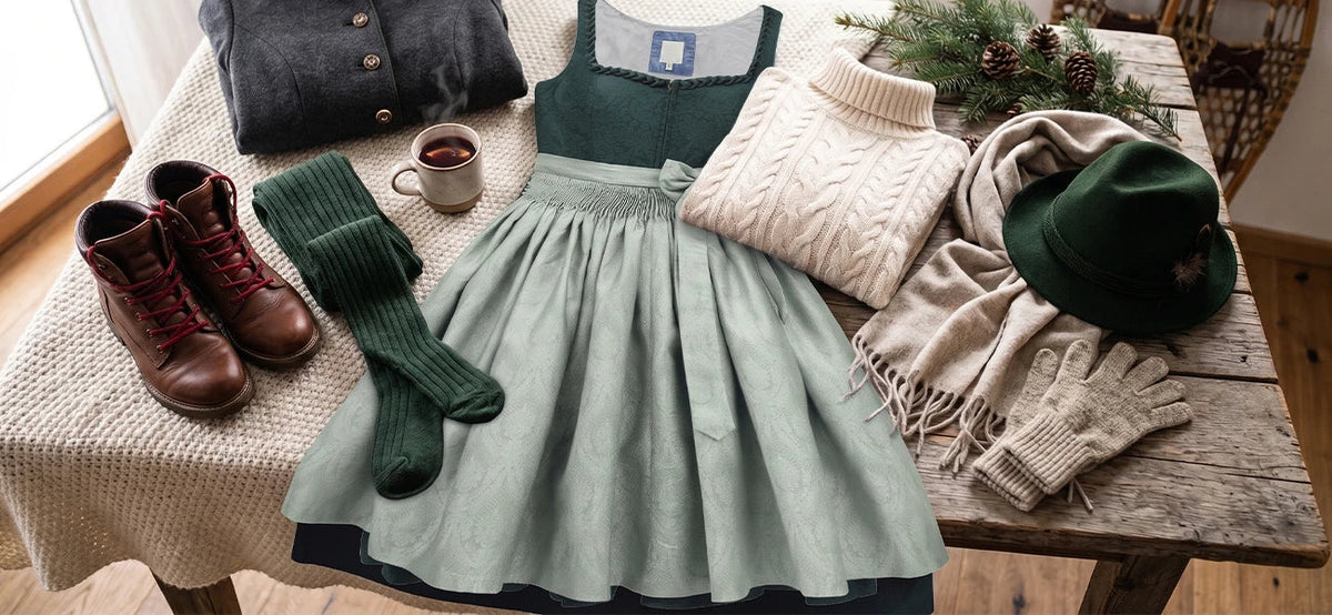 How to style a Bavarian dirndl dress for winter with a cable-knit sweater, warm scarf, wool socks, leather boots, gloves, and traditional hat.