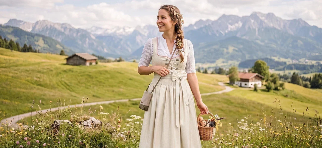 Sustainable Bavarian dirndl dress worn in an Alpine landscape, showcasing eco-friendly traditional fashion and timeless German heritage.