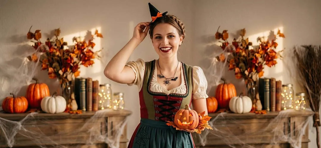 Woman wearing a traditional dirndl with a witch hat and pumpkin, creating a festive Halloween-inspired Bavarian outfit.