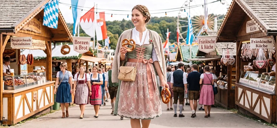 Woman wearing a stylish dirndl at Bergkirchweih Festival, walking between traditional Bavarian food stalls with pretzels and festive decorations.