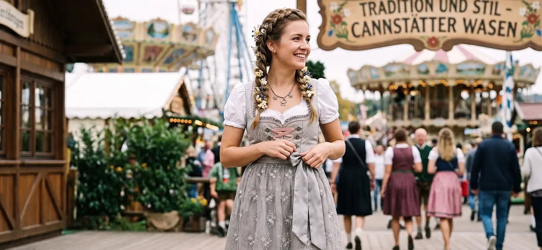 Woman wearing a stylish gray dirndl at Cannstatter Wasen, featuring floral embroidery, braided hair accessories, and a traditional festival setting.