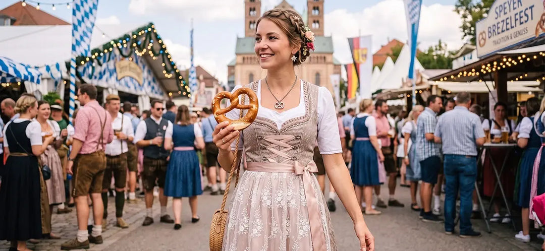 Woman wearing a stylish pink and beige dirndl at Speyer Brezelfest, holding a traditional pretzel in a lively German festival setting.