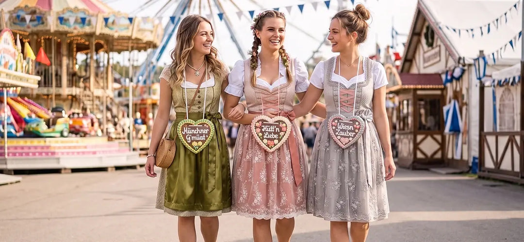 Women in colorful dirndl dresses at Stuttgart’s Spring Festival, featuring floral details, aprons, braided hairstyles, and traditional German festival accessories.