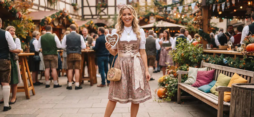 Woman wearing a pink floral Bavarian dirndl at a German-themed festival, showcasing modern women’s German party outfit styling with a traditional apron, lace blouse, and decorative accessories.