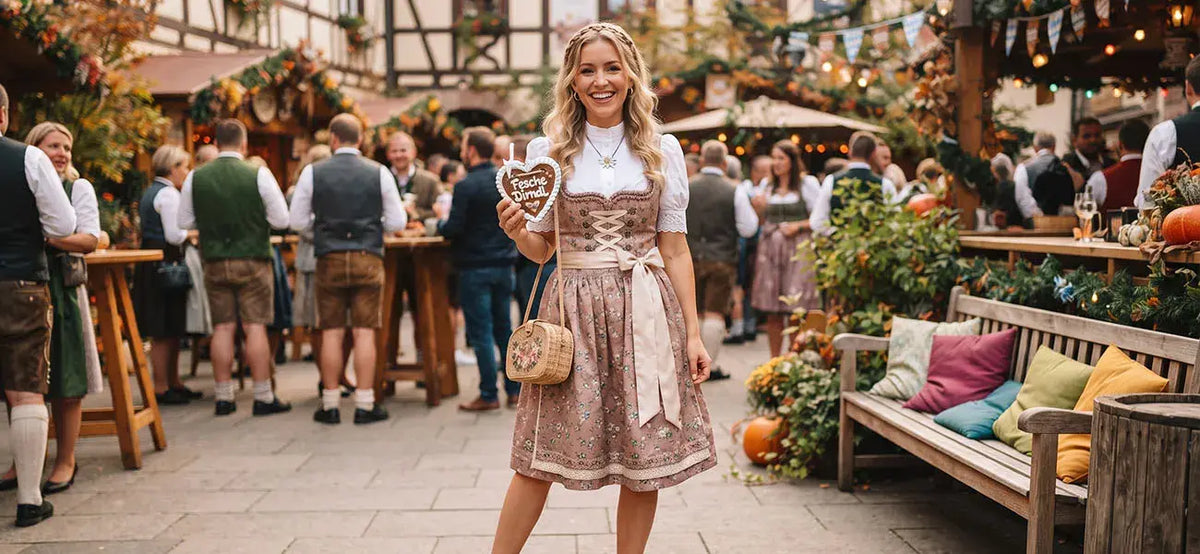 Woman wearing a pink floral Bavarian dirndl at a German-themed festival, showcasing modern women’s German party outfit styling with a traditional apron, lace blouse, and decorative accessories.