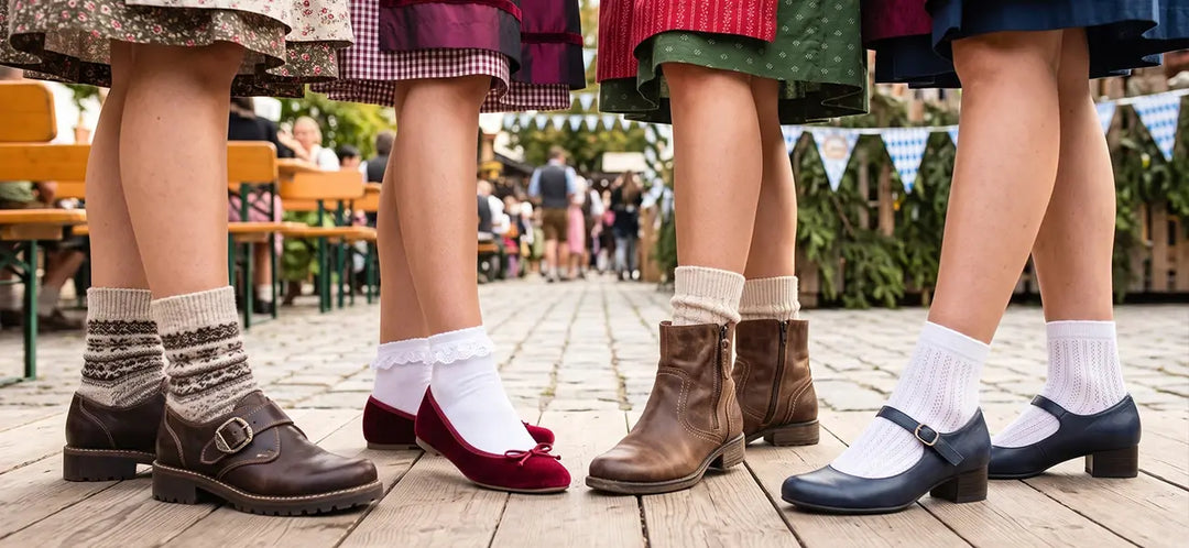 Traditional footwear ideas to wear with a dirndl, featuring leather shoes, Bavarian ankle boots, socks, and classic Mary Jane styles.