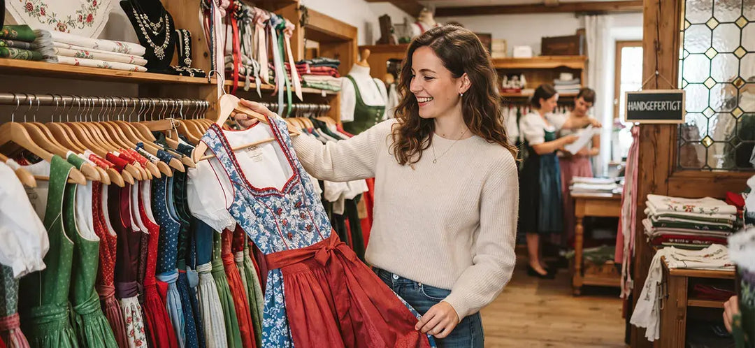 Women shopping for traditional Bavarian dirndl dresses in a German clothing store, comparing a blue floral dirndl among colorful folk dresses.