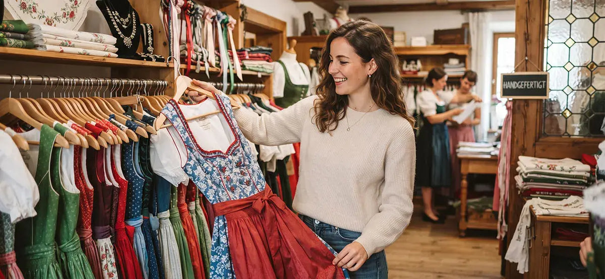 Women shopping for traditional Bavarian dirndl dresses in a German clothing store, comparing a blue floral dirndl among colorful folk dresses.