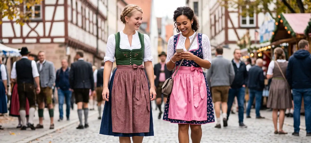 Women in colorful dirndl dresses walking through a traditional German festival, showcasing Bavarian clothing and cultural heritage.