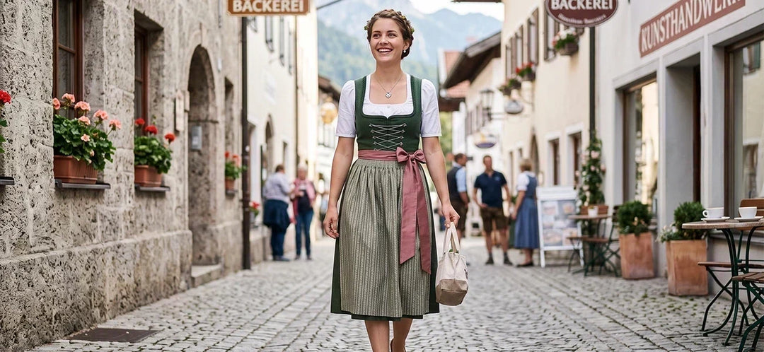 Woman in a traditional German barmaid dirndl with green bodice, patterned skirt, apron, and ribbon bow in a Bavarian village.