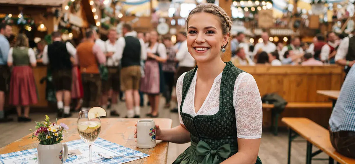 Woman wearing a green Bavarian dirndl with a large bow at Oktoberfest, seated at a festival table surrounded by people in traditional German clothing.