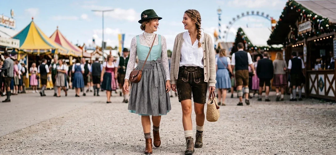 Women in stylish Oktoberfest dirndl and lederhosen walking through a festive Bavarian beer market, highlighting modern Trachten fashion trends.