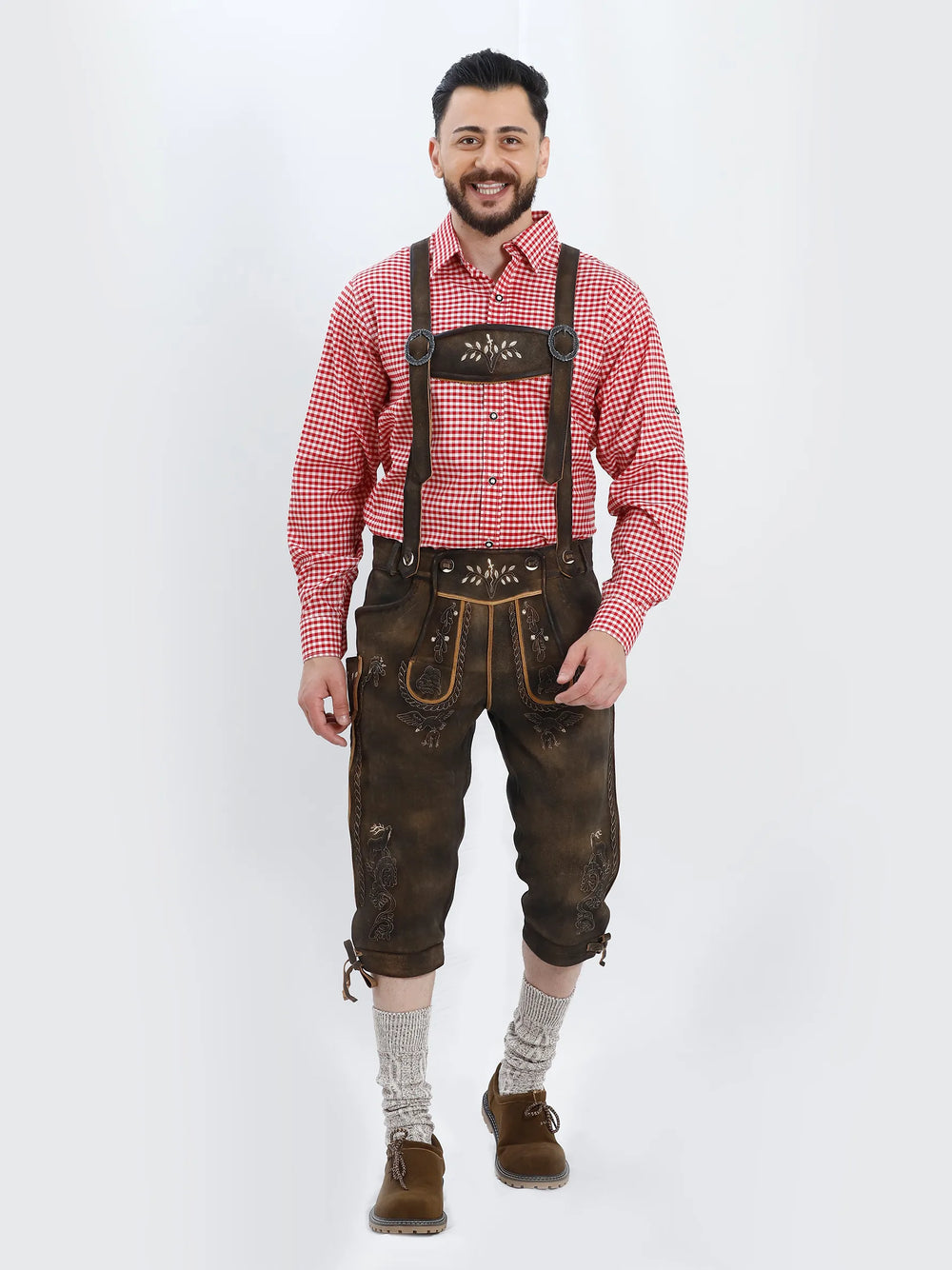Bundhosen Berg with Belt featuring premium brown leather, embroidered detailing, and traditional Bavarian suspenders.