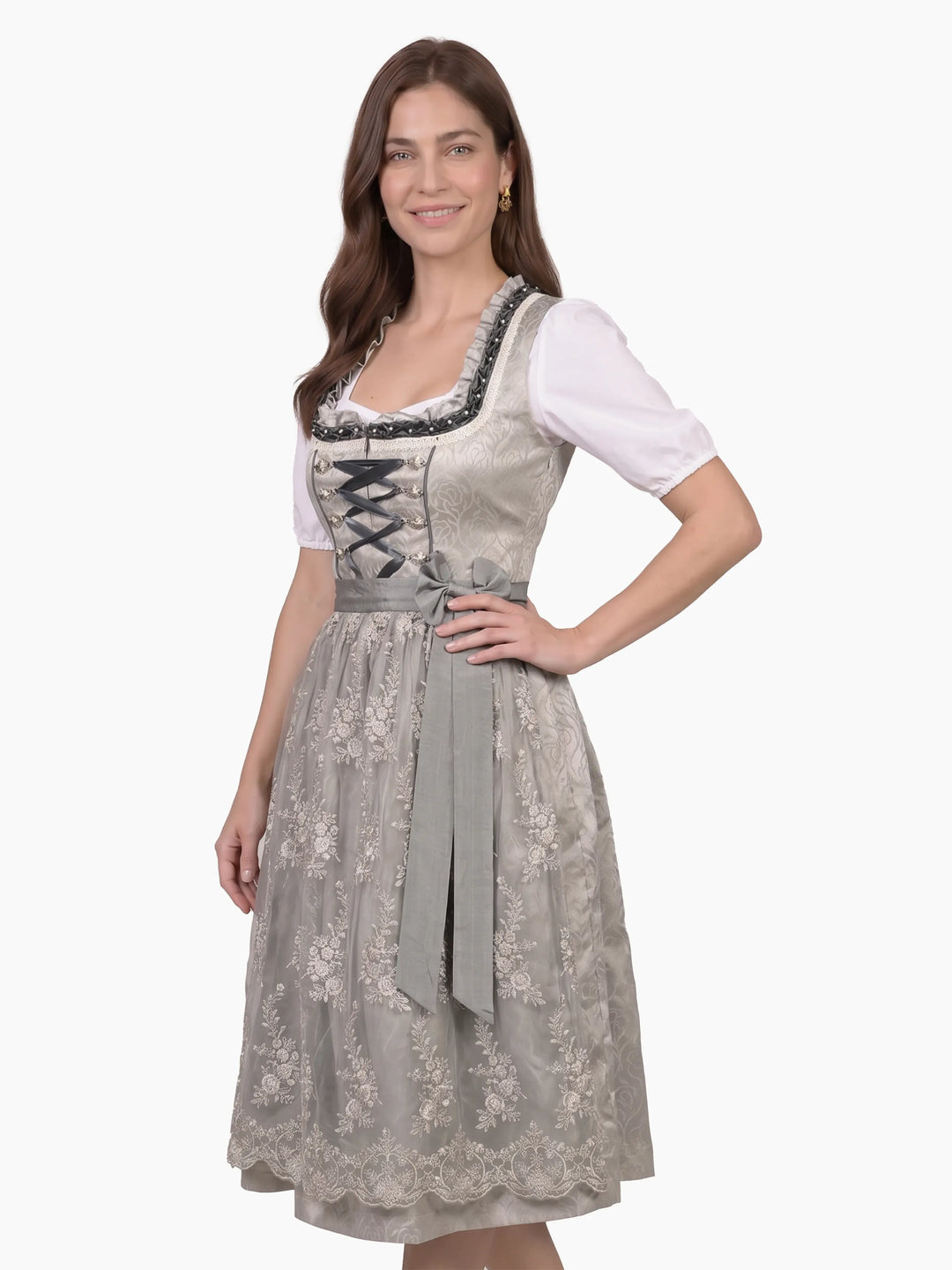 Rose Jacquard Traditional Dirndl Pewter Silk