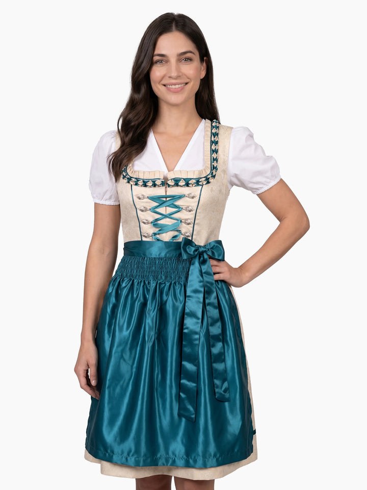 Bavarian Edition Ivory Teal Midi Dirndl Dress