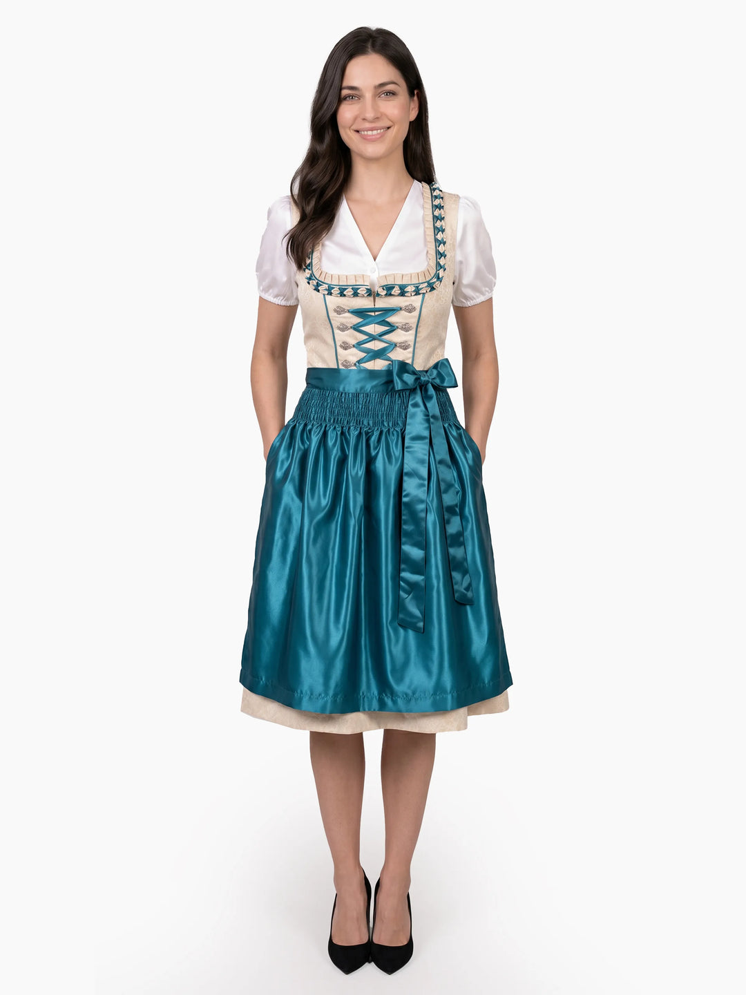 Bavarian Edition Ivory Teal Midi Dirndl Dress