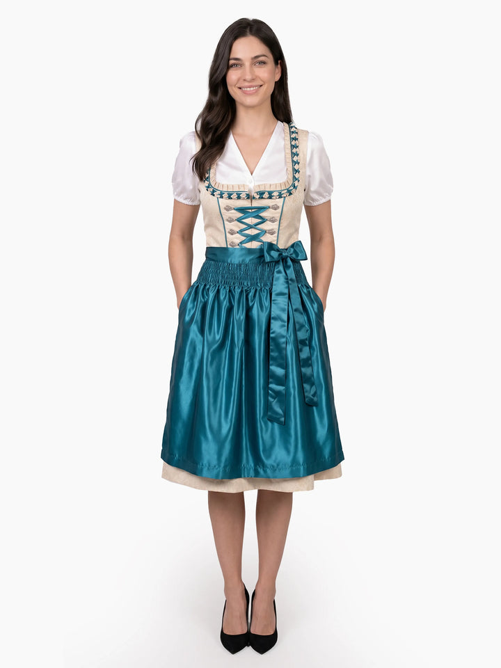 Bavarian Edition Ivory Teal Midi Dirndl Dress