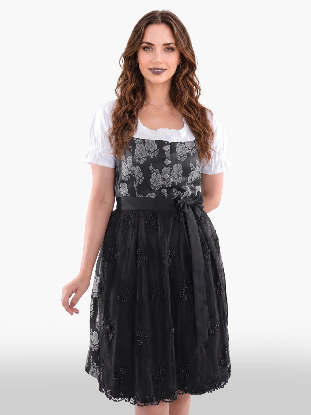Midi Dirndl Inspired by Pure Black Silver Rose Elegance