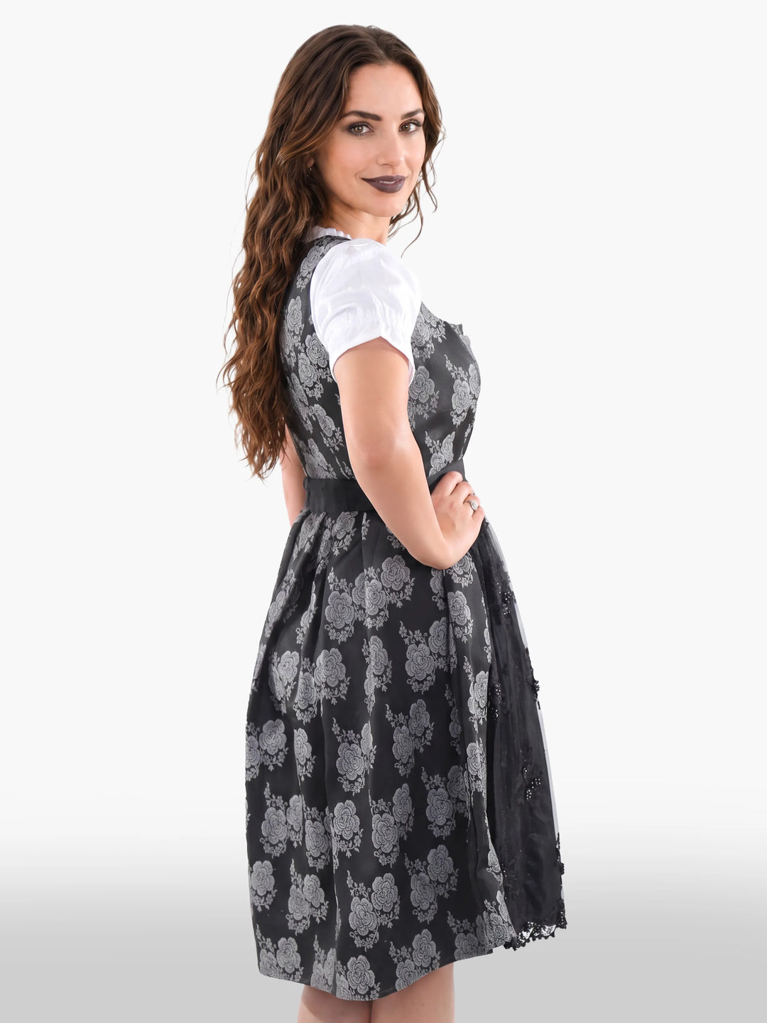Midi Dirndl Inspired by Pure Black Silver Rose Elegance