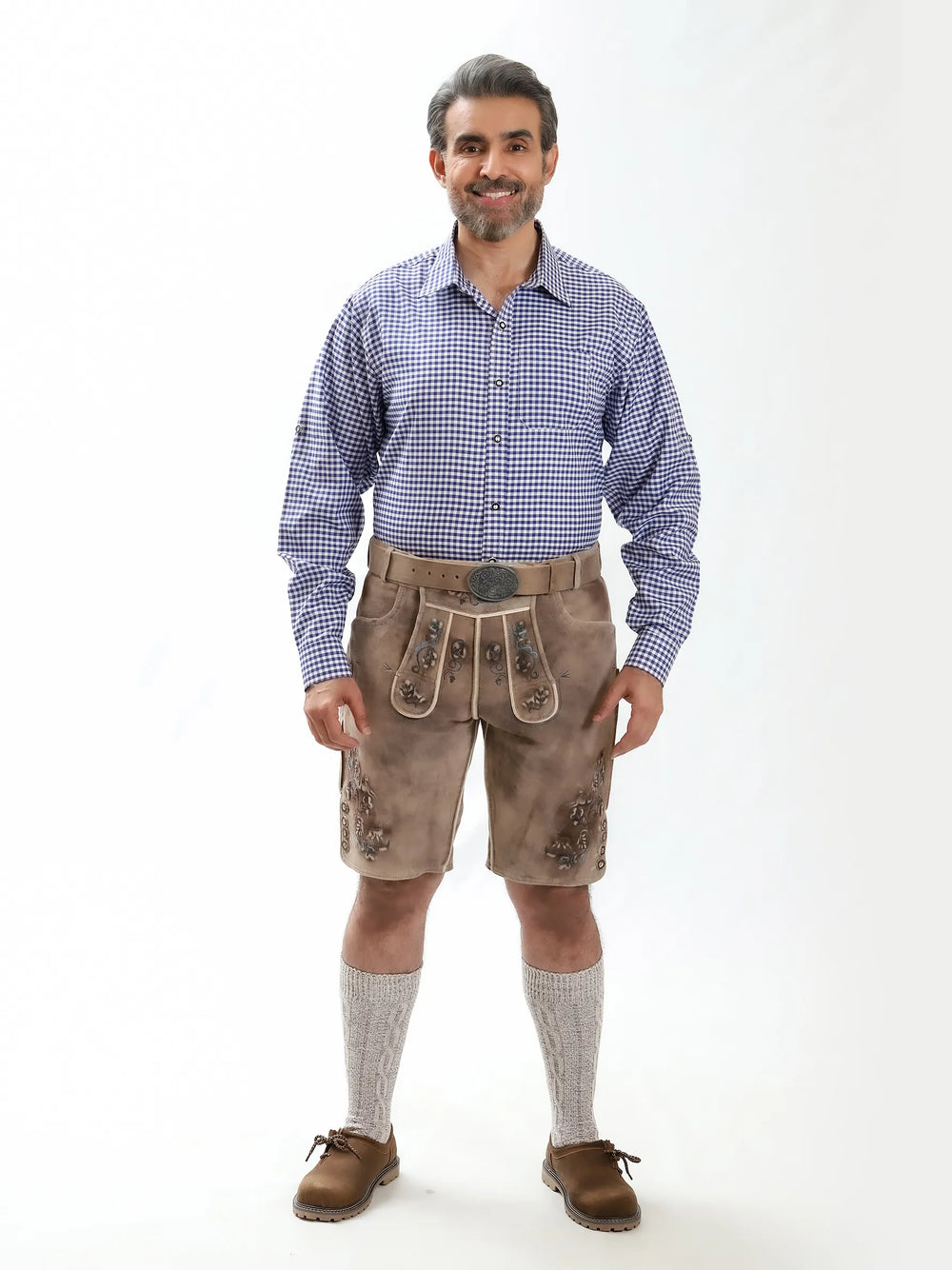 Lederhosen Men Hirsch with Multi-Color Deer Design in stone suede with embroidered Bavarian hunting motifs.
