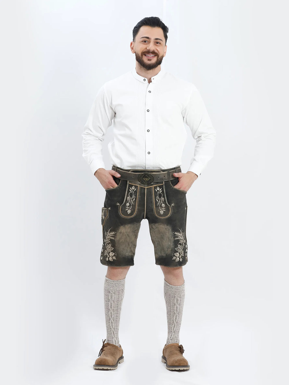 Lederhosen Men Wald with Belt featuring premium black leather with traditional Bavarian embroidery.