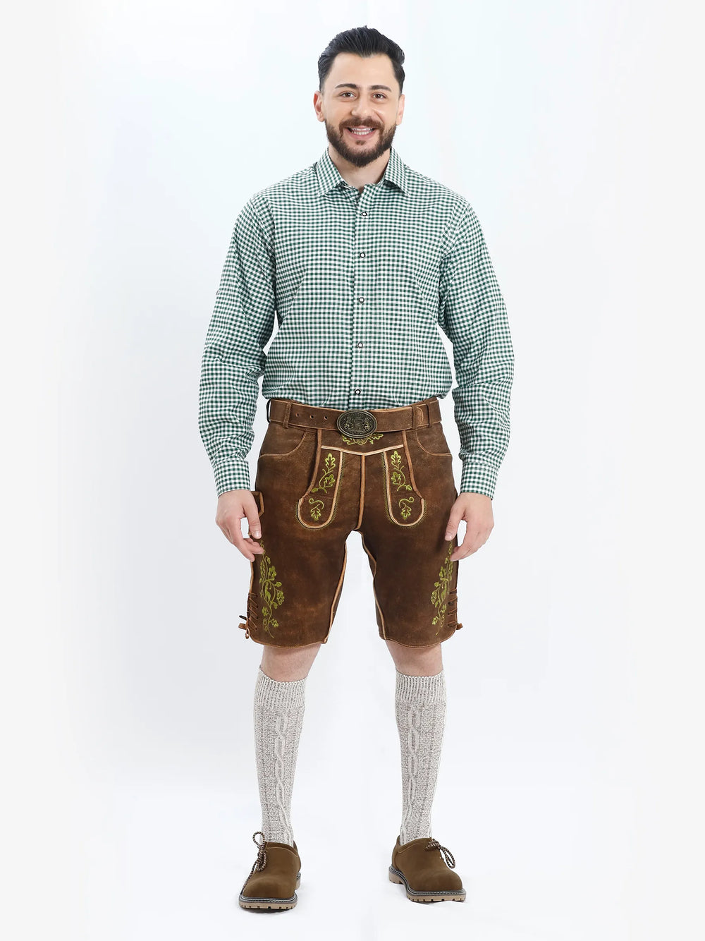 Lederhosen Men Hirsch with Belt featuring authentic brown leather with traditional Bavarian embroidery.