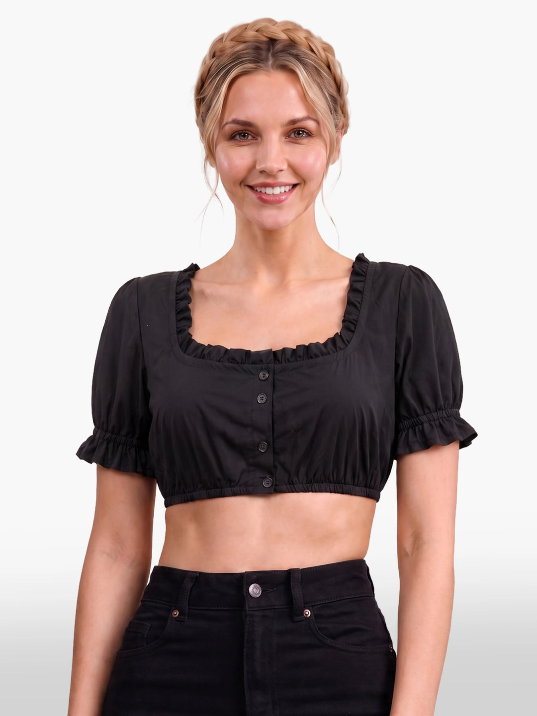 Ruffle Trim Traditional Bavarian Blouse Jet Black